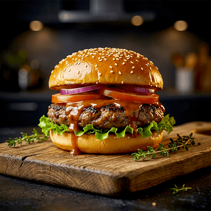Close-up of a gourmet beef burger with a sesame bun, lettuce, tomato, red onion, and dripping sauce, served on a wooden board in a softly lit kitchen setting.