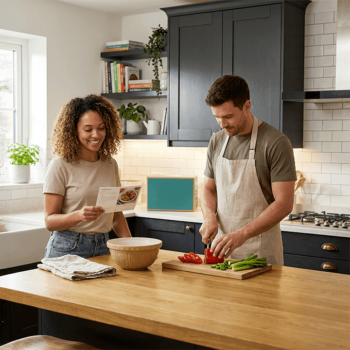 A couple preparing a meal together in a modern kitchen, with one person reading a recipe card while the other chops vegetables on a wooden worktop beside a bowl and fresh ingredients.