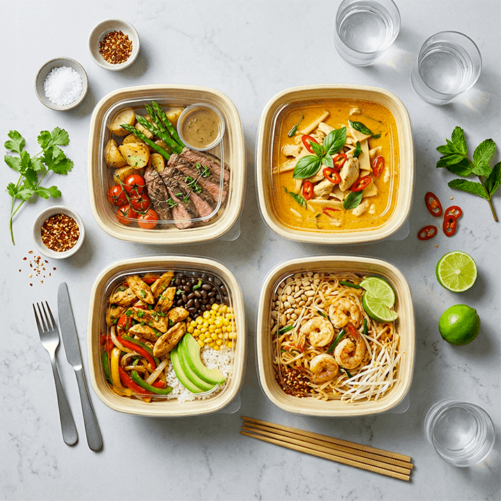 Four neatly arranged meal prep containers with fresh, colourful dishes including steak with vegetables, Thai curry, chicken and rice with avocado, and shrimp noodles, set on a light marble surface with herbs and cutlery.